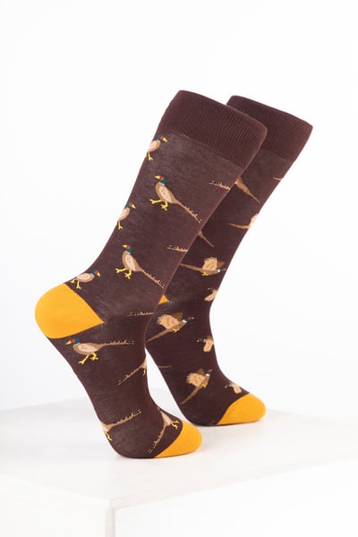 Men's Bamboo Rich Bird Ankle Socks - Walking Pheasant Brown