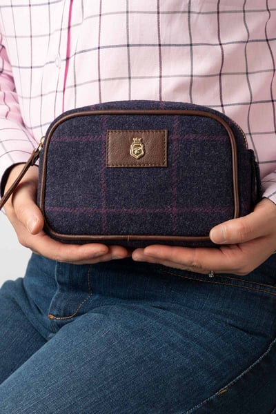 Small Tweed Makeup Bag - Helmsley - Navy Check