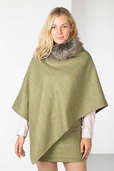 Ladies Wool Tweed Poncho With Faux Fur - Light Green/Silver