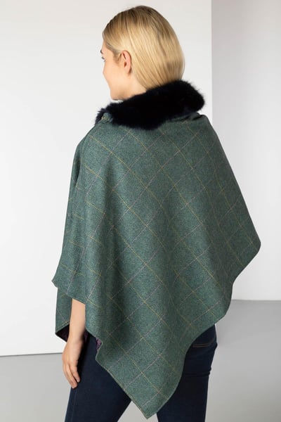 Ladies Wool Tweed Poncho With Faux Fur - Blue/Navy
