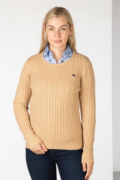 Damen Pullover mit Zopfmuster und Rundhalsausschnitt - Emma - Beige