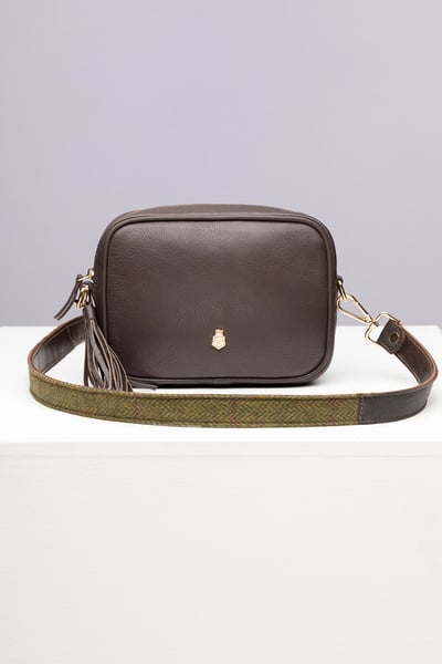 Ladies Leather Cross-Body Bag - Helmsley - Brown/Green Tweed
