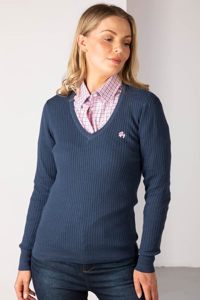 Ladies V Neck Ribbed Jumper - Gemma - Mid Navy/Pink