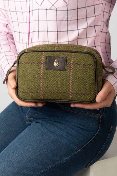 Large Tweed Makeup Bag - Helmsley - Dark Green