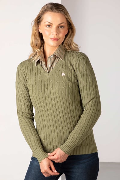 Ladies V Neck Cable Knit Jumper - Emma - Moss