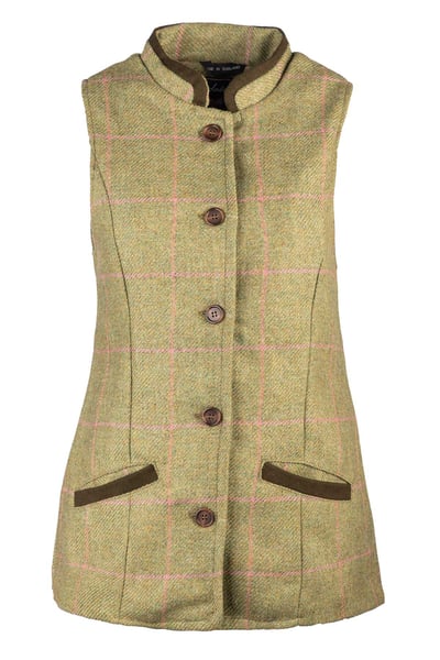 Ladies Button Up Tweed Waistcoat - Bramham - Green/Pink Tweed