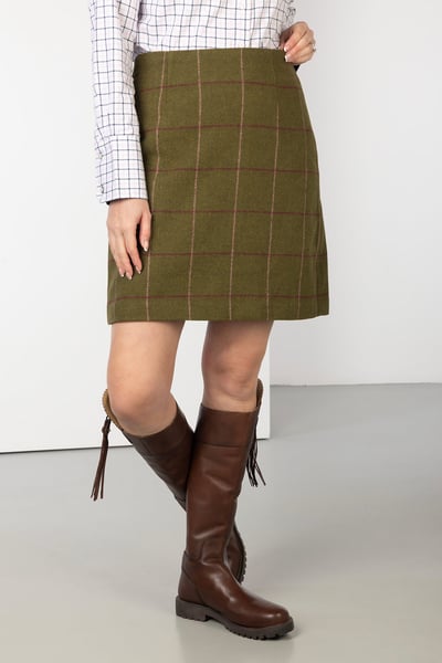 Ladies Classic Tweed Skirt - Hannah - Olive Tweed