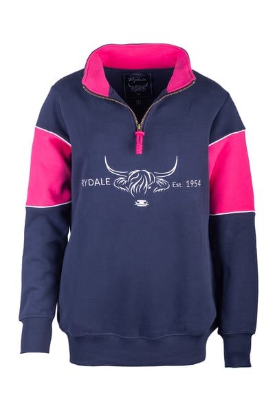 Sudadera de mujer con estampado de vaca de las Tierras Altas - Byland - Highland Cow Navy/Bonbon