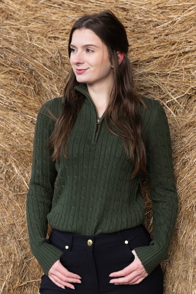 Ladies Quarter Zip Cable Knit Jumper - Emma - Khaki