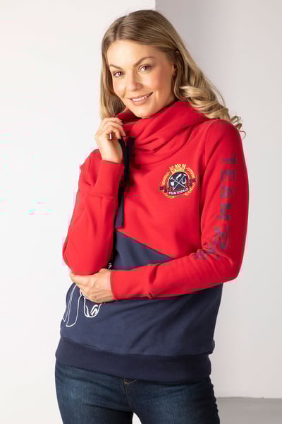 Ladies Diagonal Cross Neck Hoody - Navy/Red