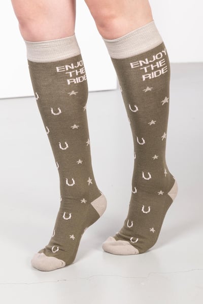 Ladies Slogan Knee Length Socks - Khaki