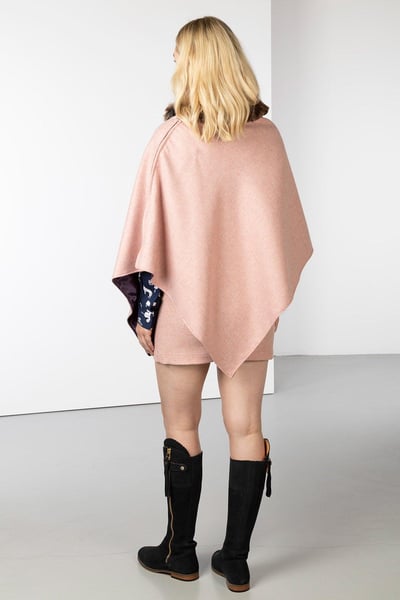 Ladies Wool Tweed Poncho With Faux Fur - Speckled Pink