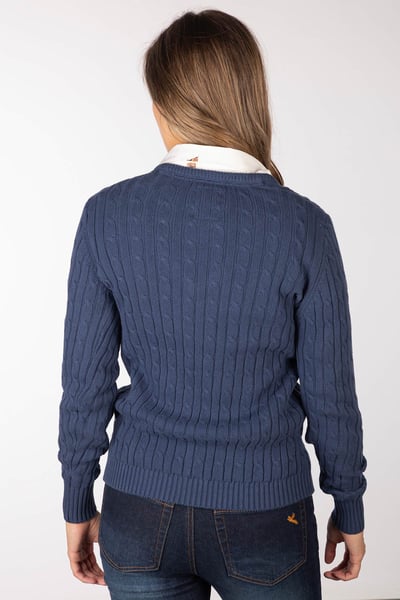 Ladies V Neck Cable Knit Jumper - Emma - Mid Navy