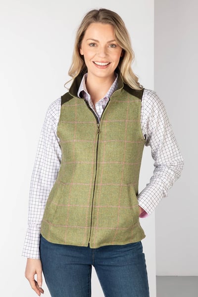 Ladies Tweed Waistcoat - Haworth - Green/Pink Tweed