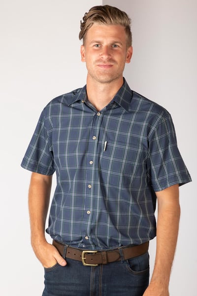 Men's Short Sleeved Check Shirts - Wetwang Navy/Green