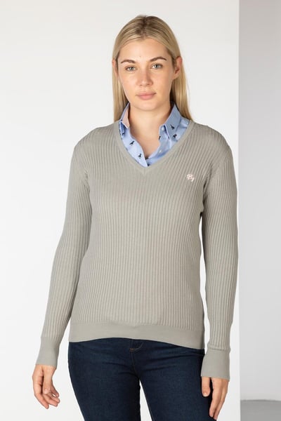 Ladies V Neck Ribbed Jumper - Gemma - Grey