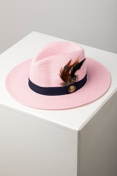 Ladies Panama Hat with Feather - Aislaby - Sorbet