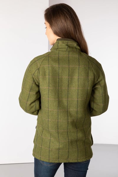 Langer Damen-Tweed-Mantel - Oliv / Rosa