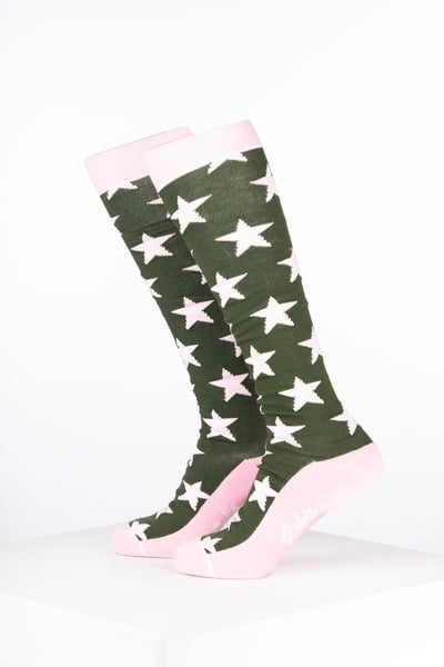 Damen-Reitsocken aus Bambus mit Sternenmuster - Stern Dunkeloliv/Zartrosa