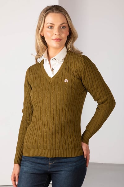 Ladies V Neck Cable Knit Jumper - Emma - Military Green