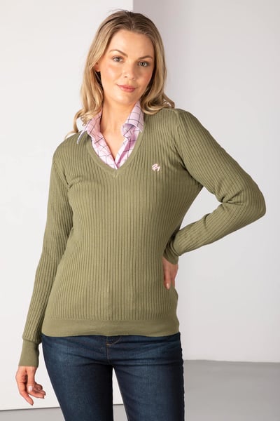 Gerippter Damen-Pullover mit V-Ausschnitt - Gemma - Moos