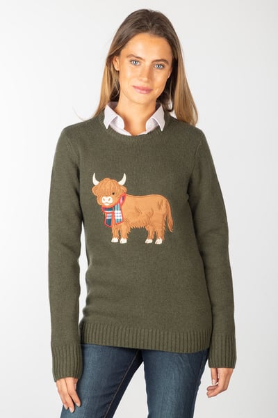 Ladies Crew Neck Character Knit Jumper - Hazel The Highland Cow
