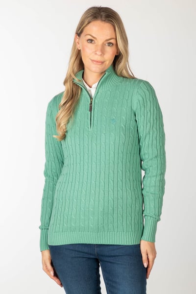 Ladies Quarter Zip Cable Knit Jumper - Emma - Thyme