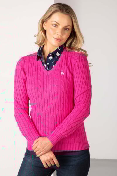 Ladies V Neck Cable Knit Jumper - Emma - Bonbon