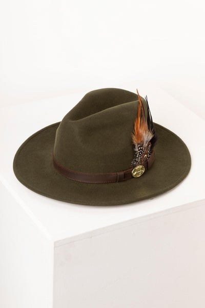 Men's Wool Fedora Hat With Feather - Danby - Dark Olive