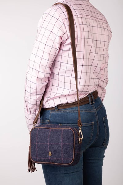 Bolso cruzado de mujer en tweed - Helmsley - Tweed azul marino/faisán