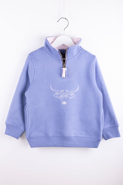 Mini Girls Quarter Zip Sweatshirt - Byland - Highland Cow Pale Blue