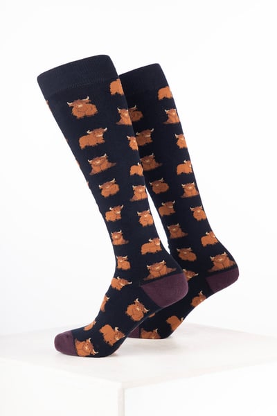 Damen-Gummistiefelsocken mit Kuhmotiv - Hochlandrind Marineblau
