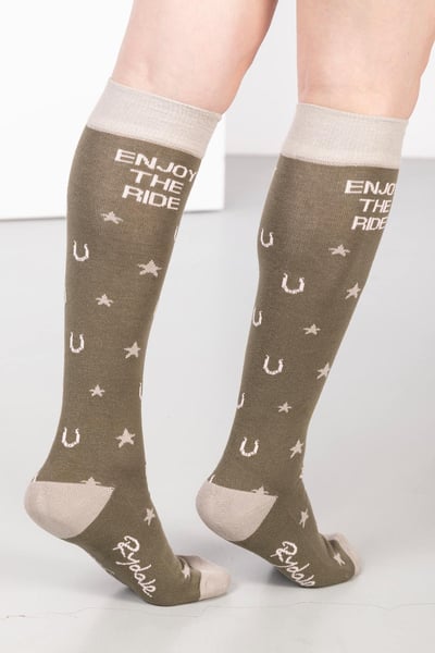 Ladies Slogan Knee Length Socks - Khaki