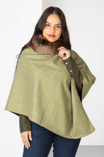 Ladies Wool Tweed Poncho With Faux Fur - Light Green Tweed