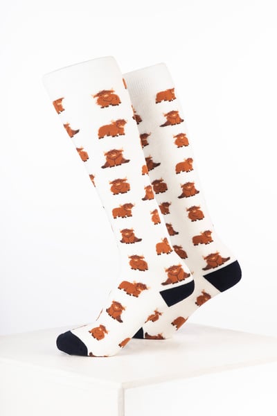 Damen-Gummistiefelsocken mit Kuhmotiv - Hochlandrind Sahne