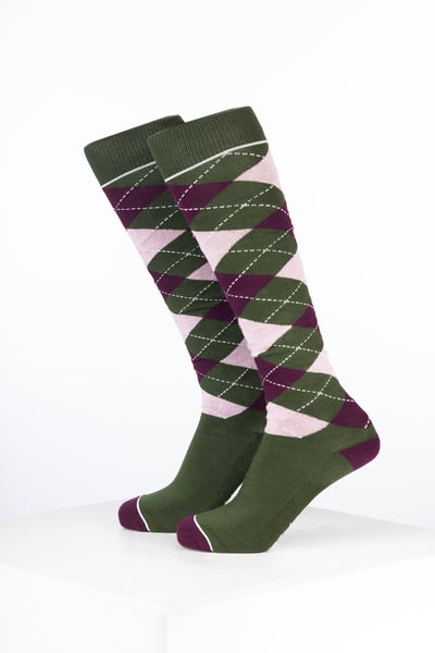 Women’s Bamboo Rich Argyle Riding Socks - Argyle Dark Olive/Dark Berry/Soft Pink
