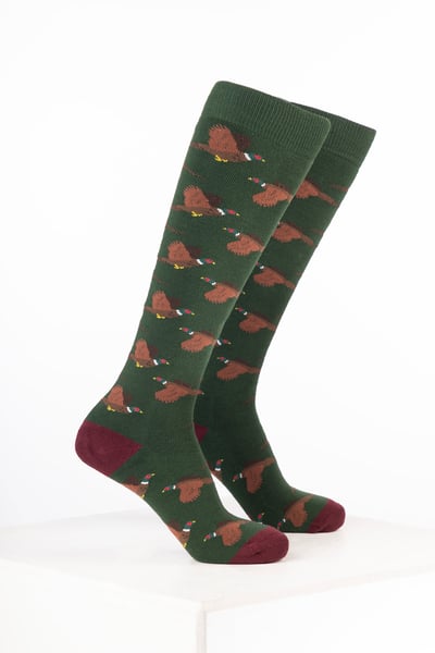 Men's Bird Welly Socks - Flying Pheasant Dark Olive