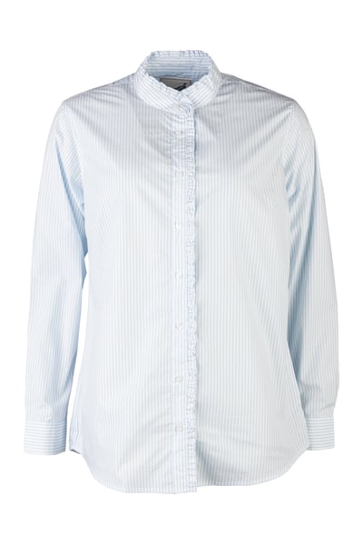 Ladies Oxford Cotton Ruffled Shirt - Ivy - Blue Stripe