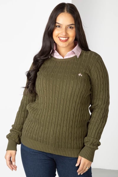 Damen Pullover mit Zopfmuster und Rundhalsausschnitt - Emma - Khaki