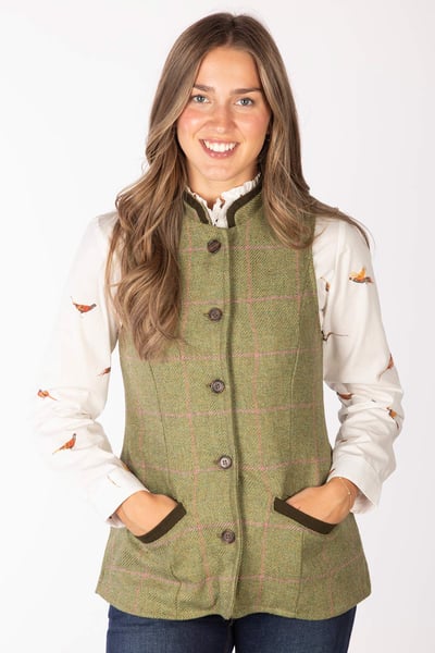 Chaleco de tweed abotonado para mujer - Bramham - Green/Pink Tweed
