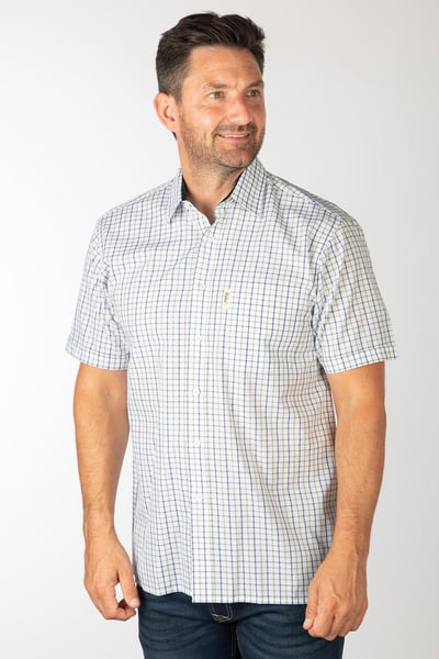 Men's Cotton-Rich Short Sleeved Shirts - Tattersall Blue
