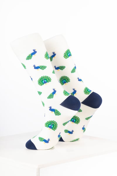 Damen-Knöchelsocken mit Vogelmotiv - Pfau Creme