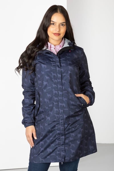 Ladies 3/4 Length Waterproof Jacket with Hood - Multi Dog Navy
