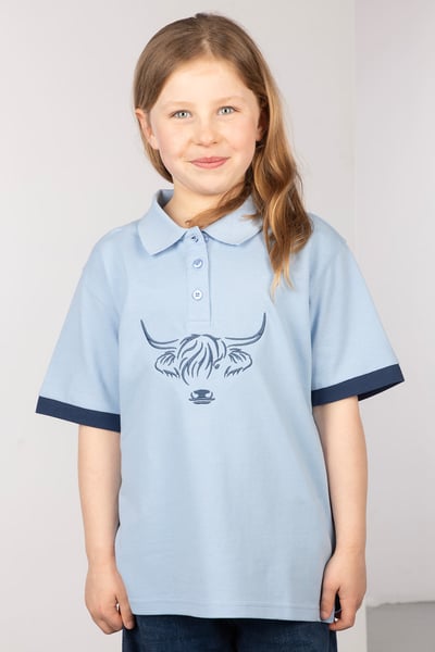 Girls Highland Cow Polo Shirt - Soft Blue