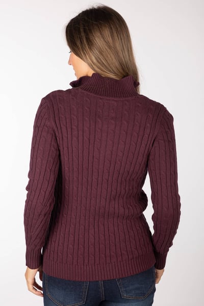 Ladies Quarter Zip Cable Knit Jumper - Emma - Burgundy