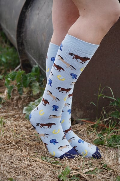 Women’s Horse Print Welly Socks - Pony & Rosette Soft Blue