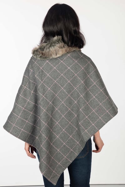 Ladies Wool Tweed Poncho With Faux Fur - Grey Check