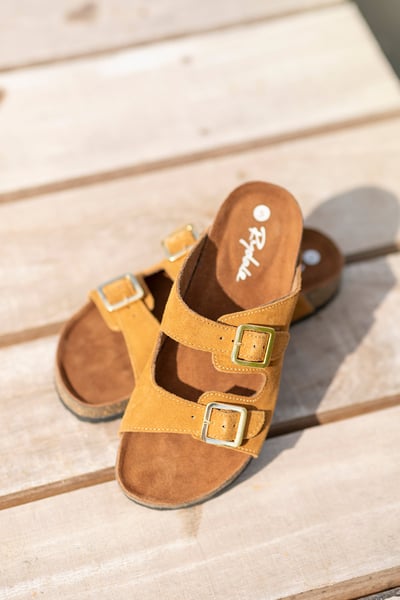 Ladies Suede Double Buckle Footbed Sandals – Harewood - Tan