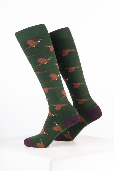 Women’s Bird Welly Socks - Flying Pheasant Dark Olive