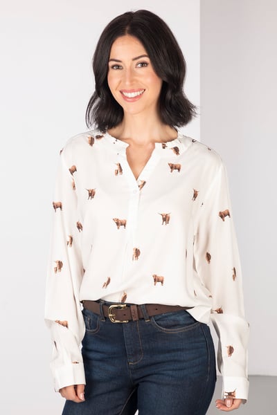 Ladies Floaty Long Sleeved Blouse - Wistow II - Highland Cow